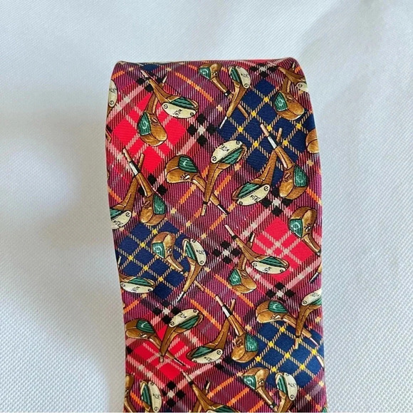 Vintage Huntington Red Navy Tie Tartan/Golf 100% Pure Silk - Picture 2 of 6